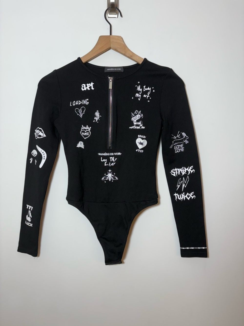 Maniere De Voir Black Zipper Graffiti Bodysuit Size US 4 New Goth, Punk, Emo - Picture 2 of 12